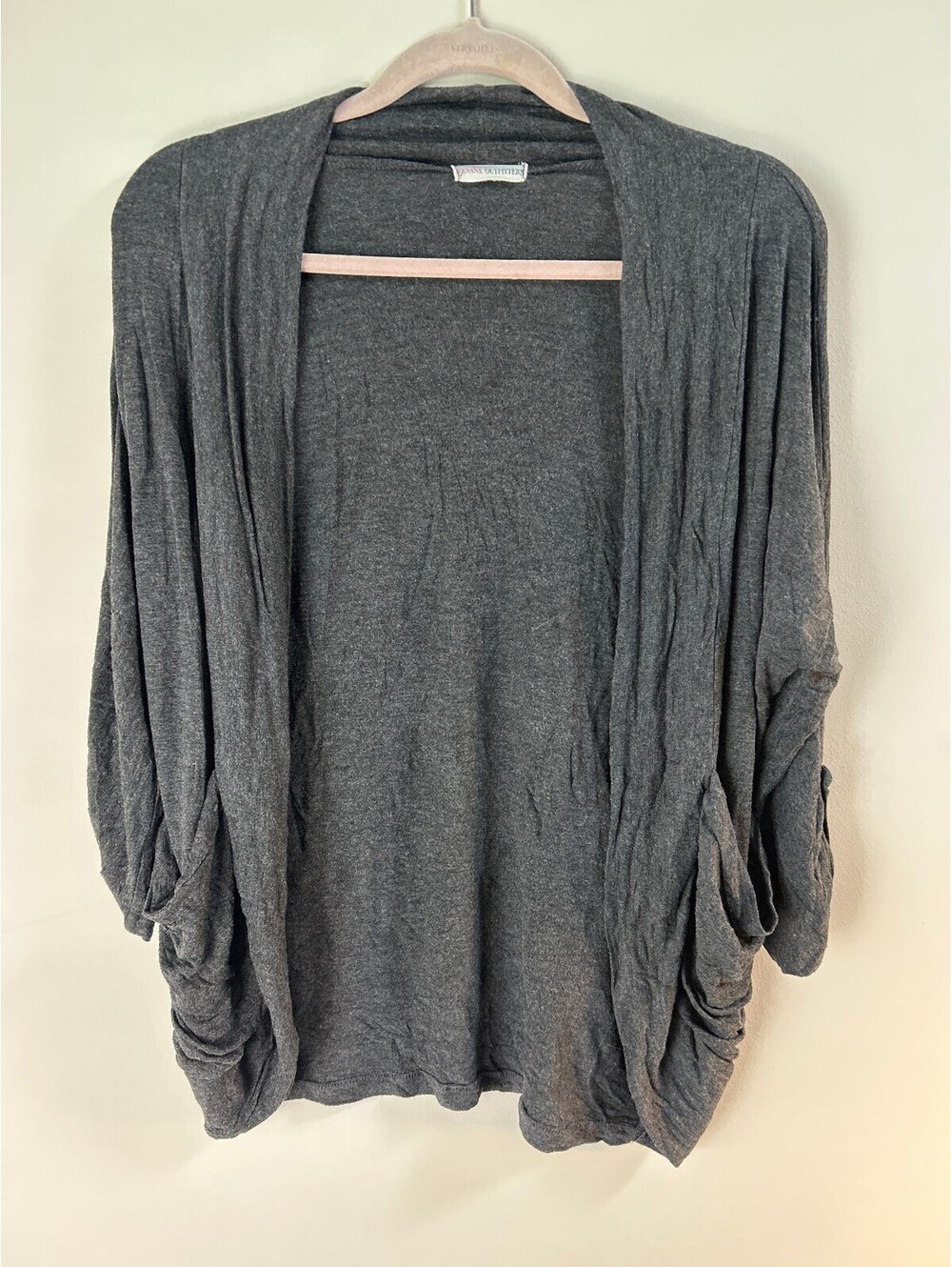 Zenana Outfitters Womens Open Front Cardigan Large Gray Ruched Sleeve